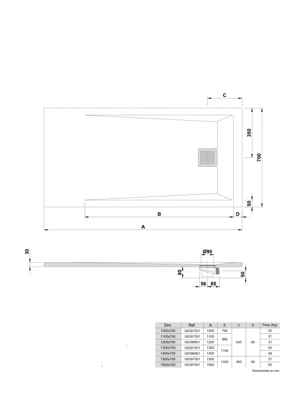 Plato de Ducha rectangular 130x70
